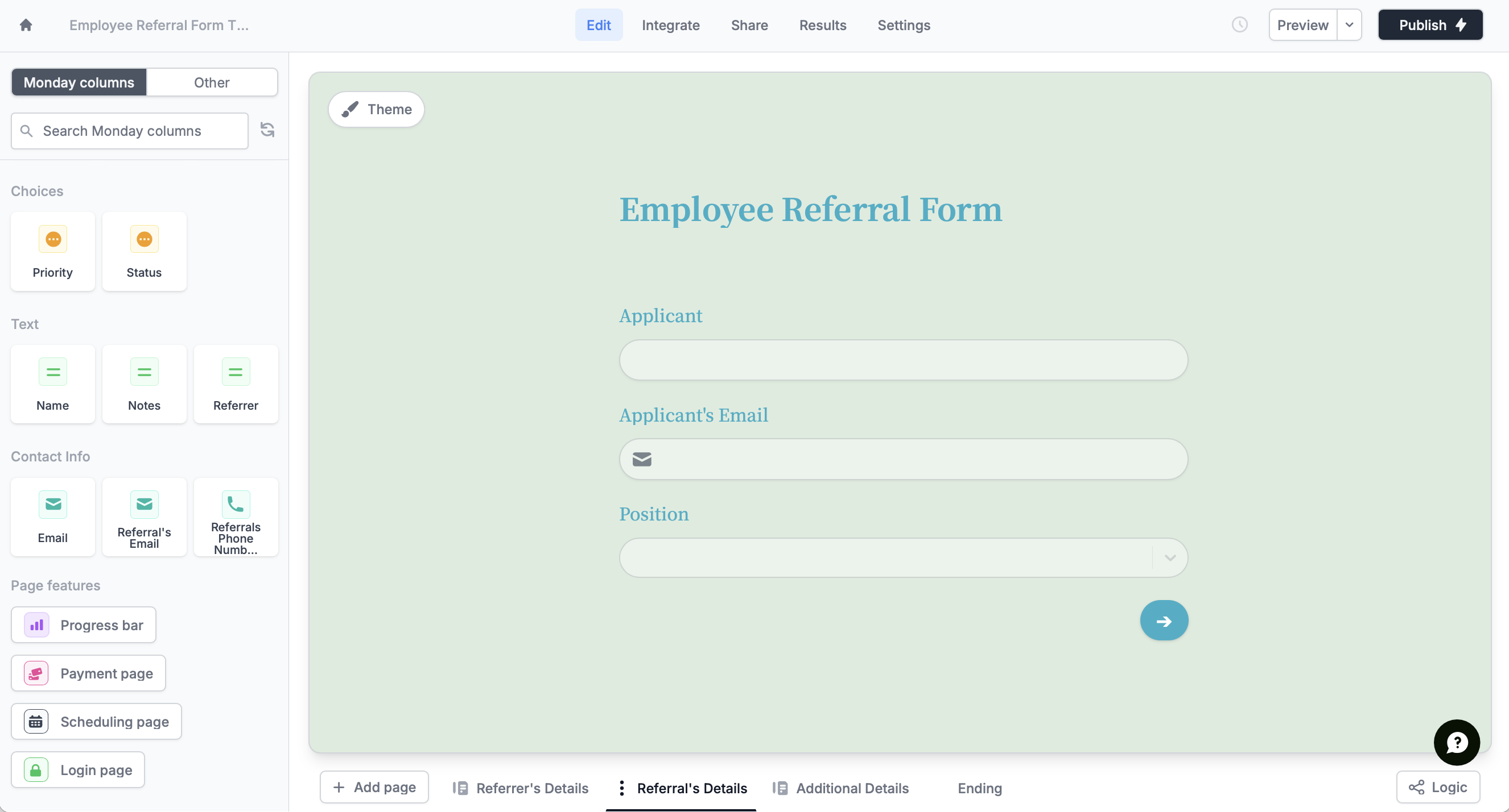 Screenshot of the Monday form creation page