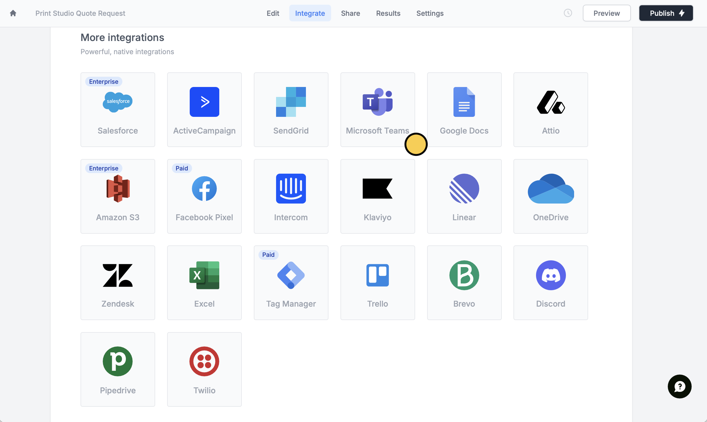 Screenshot of the Integrate page