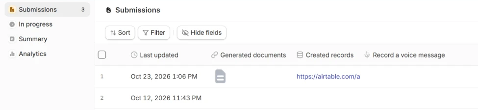 Results page with the Generated documents and Created records columns