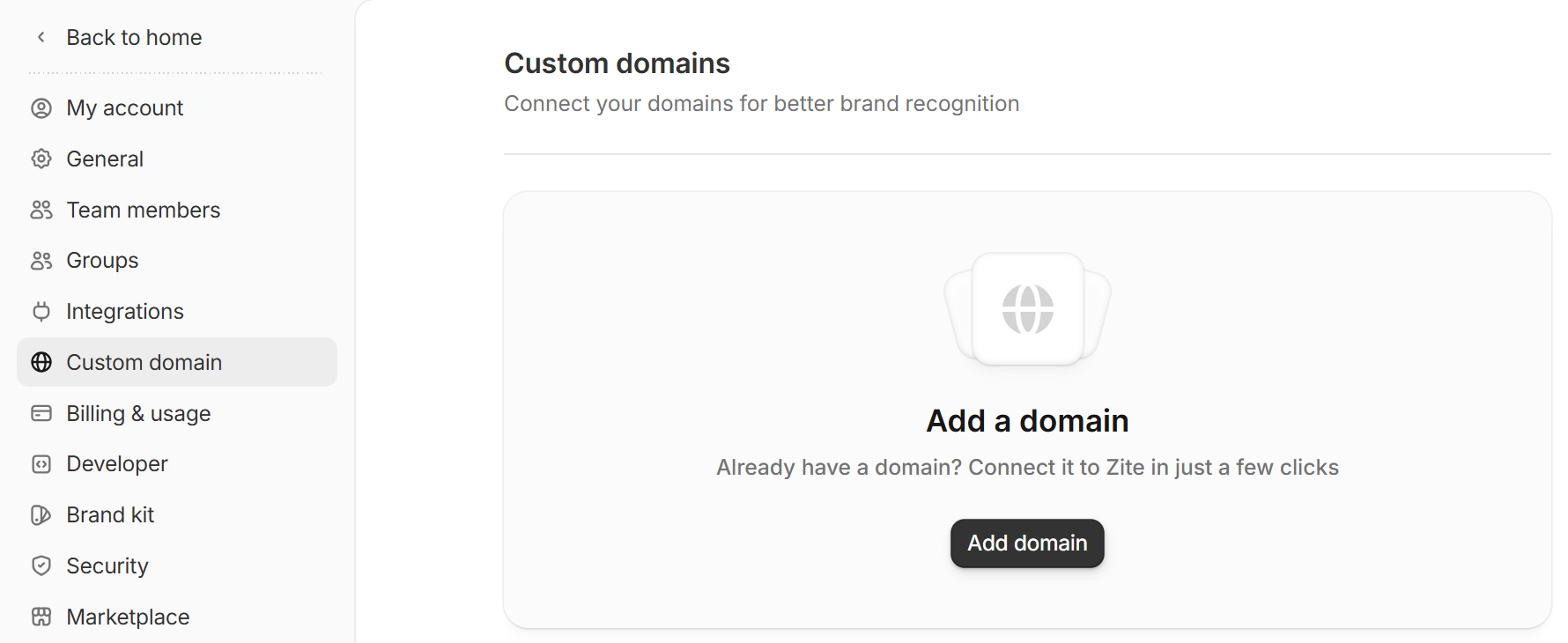 Custom domain settings with the Add domain button