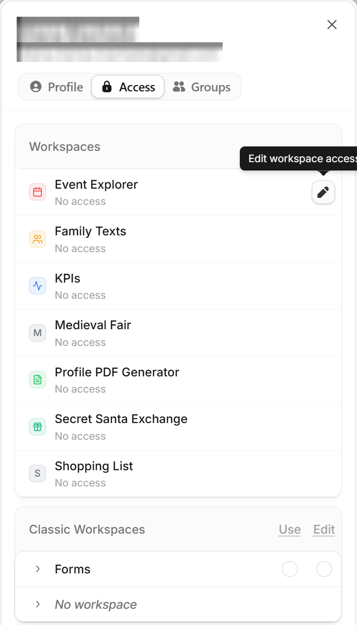 Access tab for a team member, with Edit workspace access next to a workspace Access tab for a team member, with Edit workspace access next to a workspace