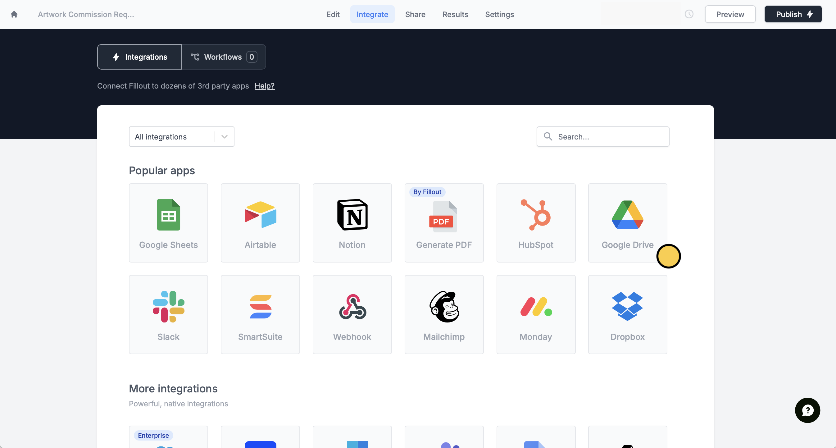 Screenshot of the Fillout form creation page