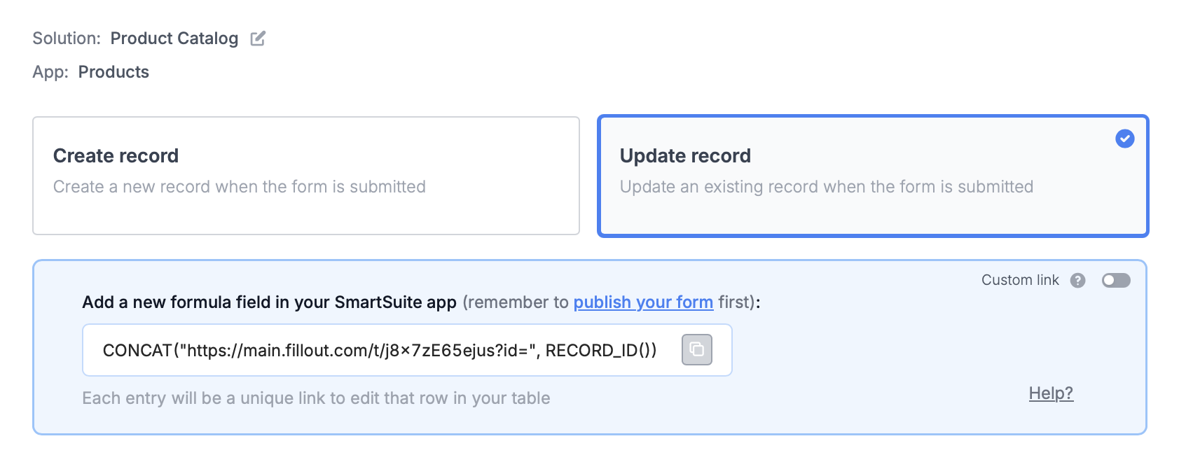 Screenshot of the Integrate tab of a form