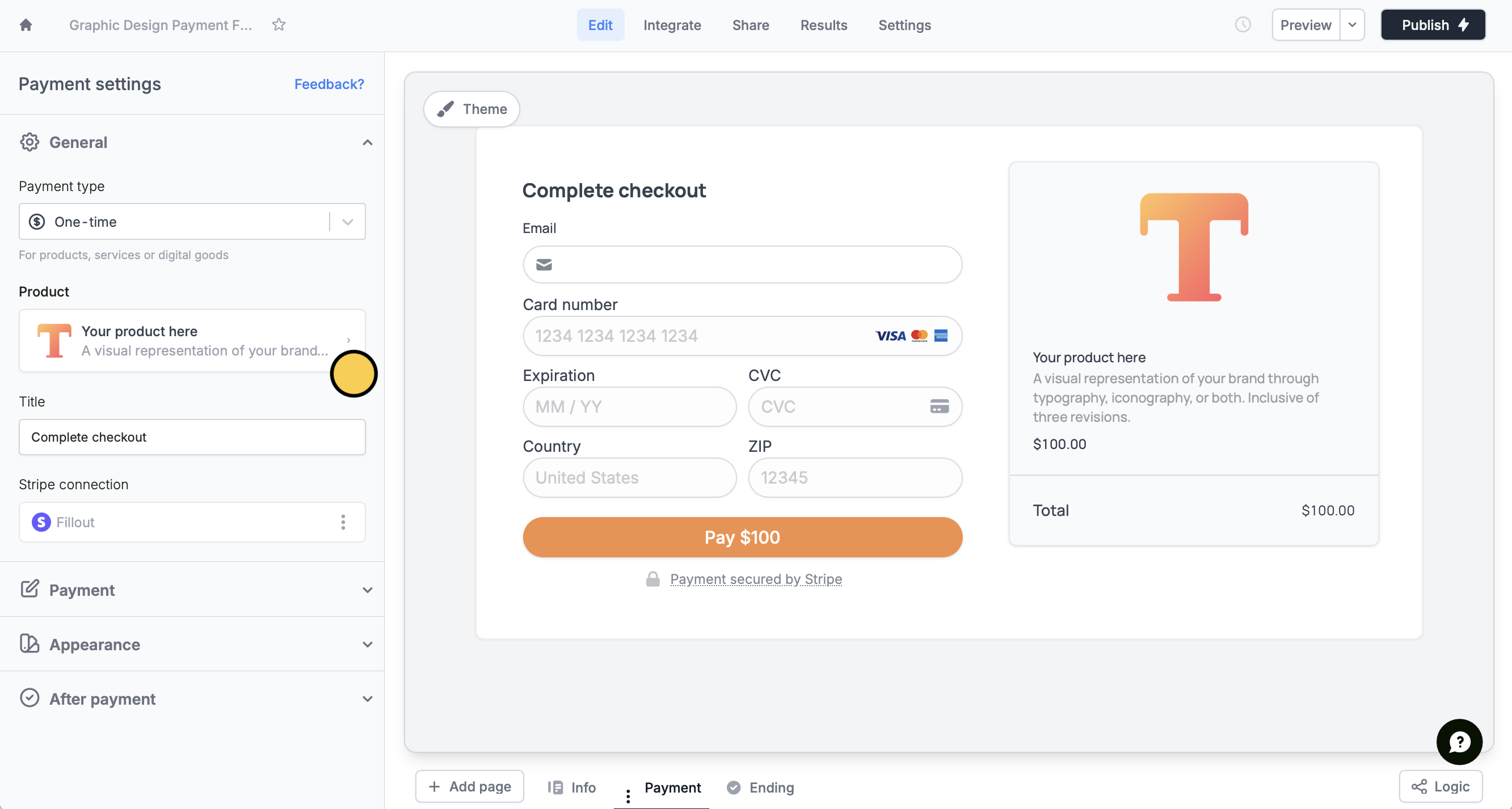 Screenshot of the Fillout page