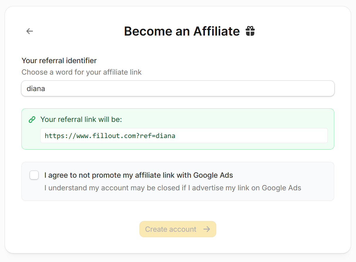 Become an Affiliate form with the referral identifier field and Google Ads agreement