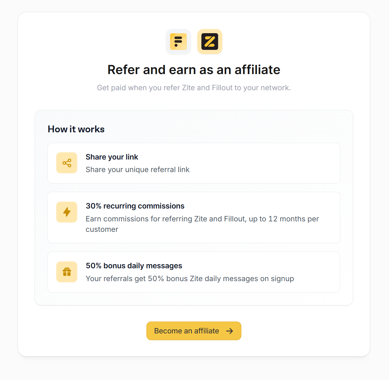 Refer and earn as an affiliate page with the Become an affiliate button