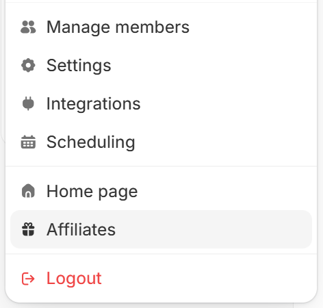 Organization menu with the Affiliates option