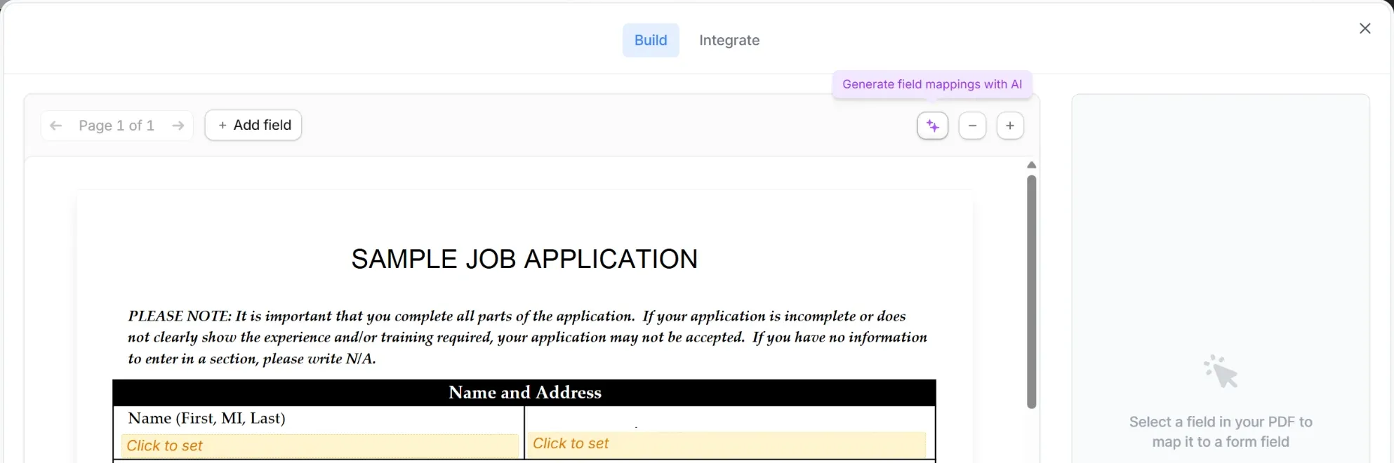 PDF builder with the Generate field mappings with AI button