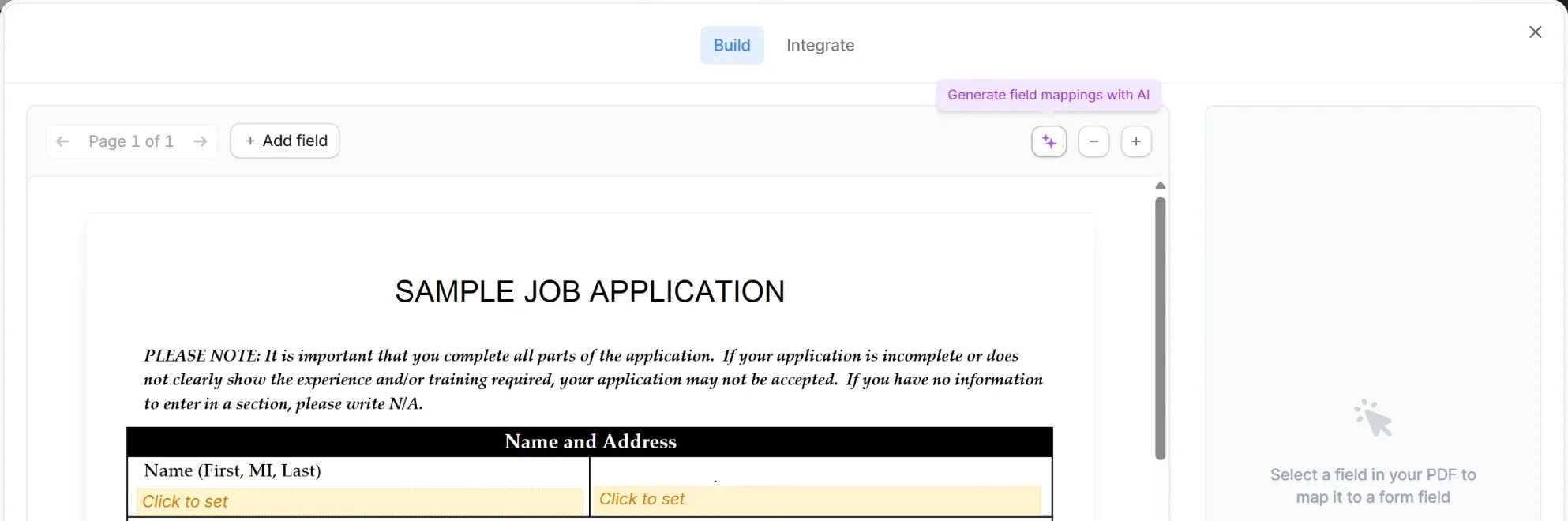 PDF builder with the Generate field mappings with AI button