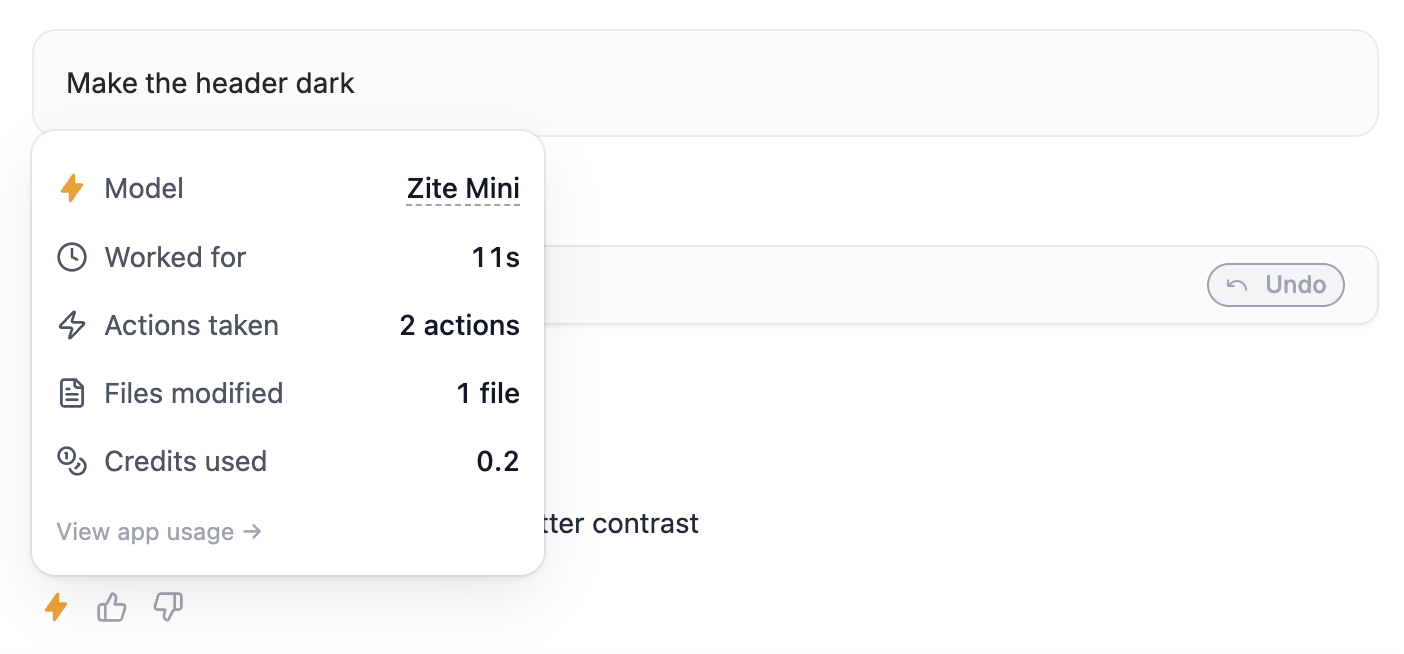 Message usage details showing model, time, and credits used