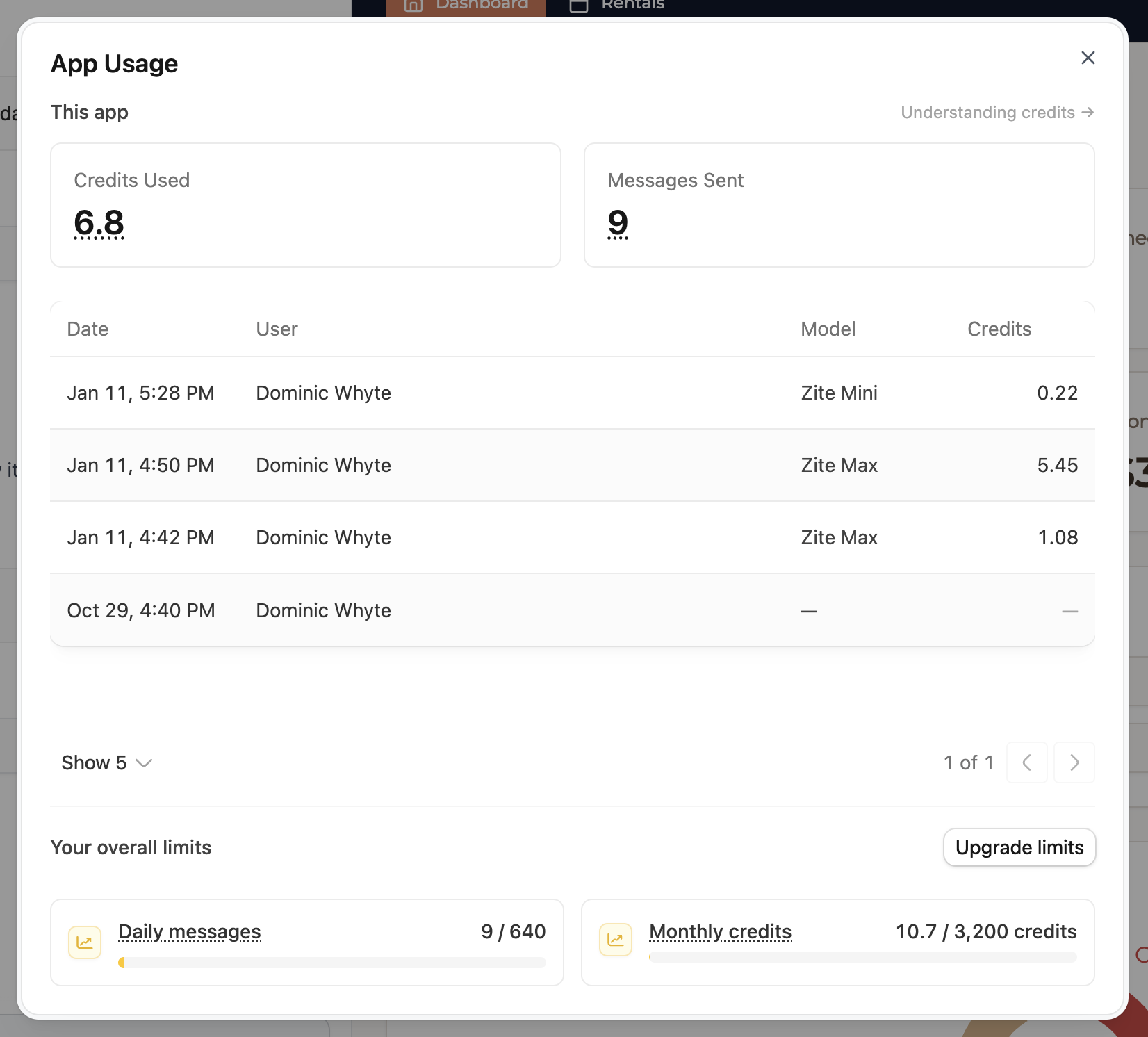 App Usage modal showing total credits, messages sent, and usage history