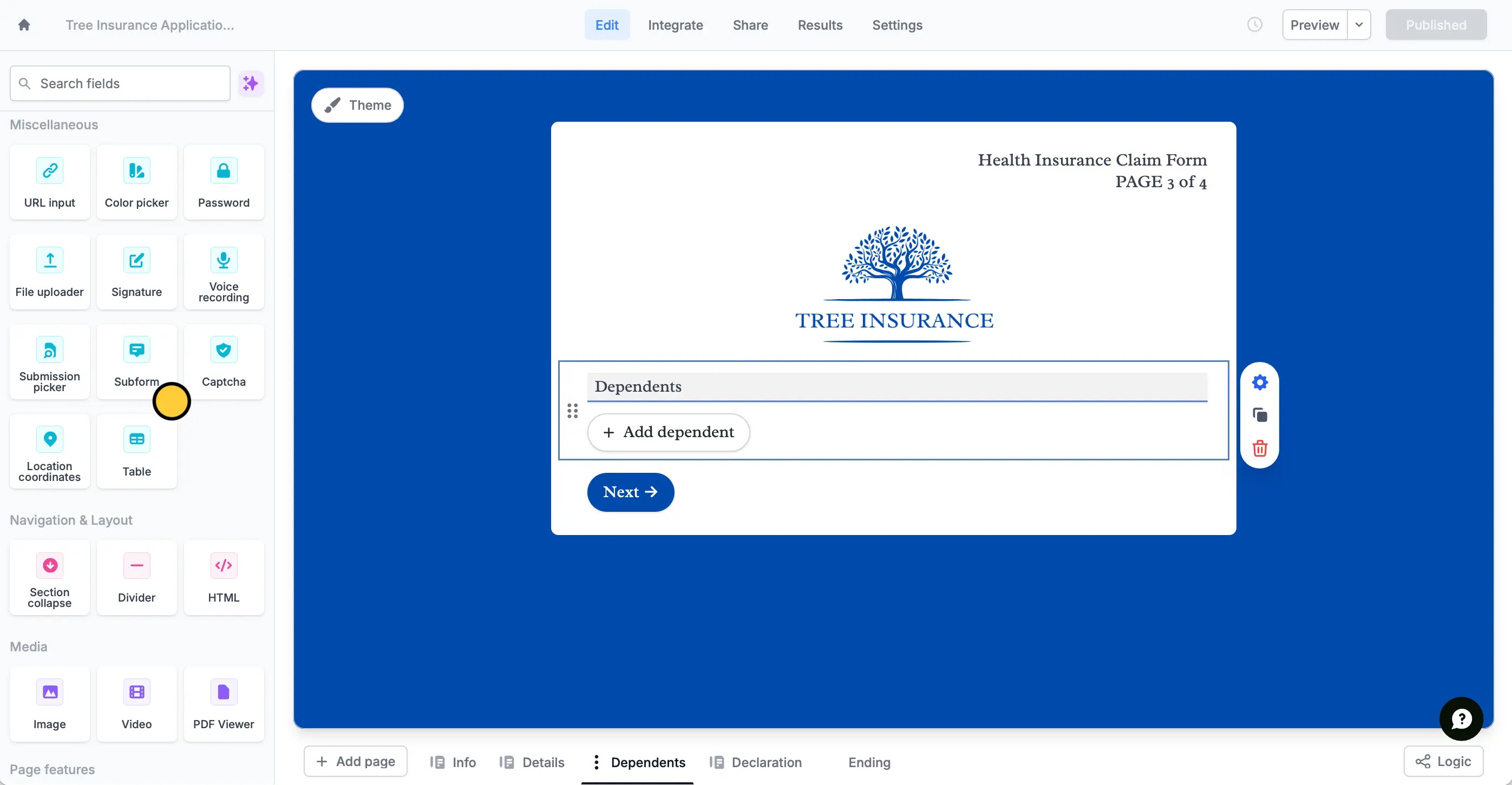 Screenshot of the Form designer tab of a form