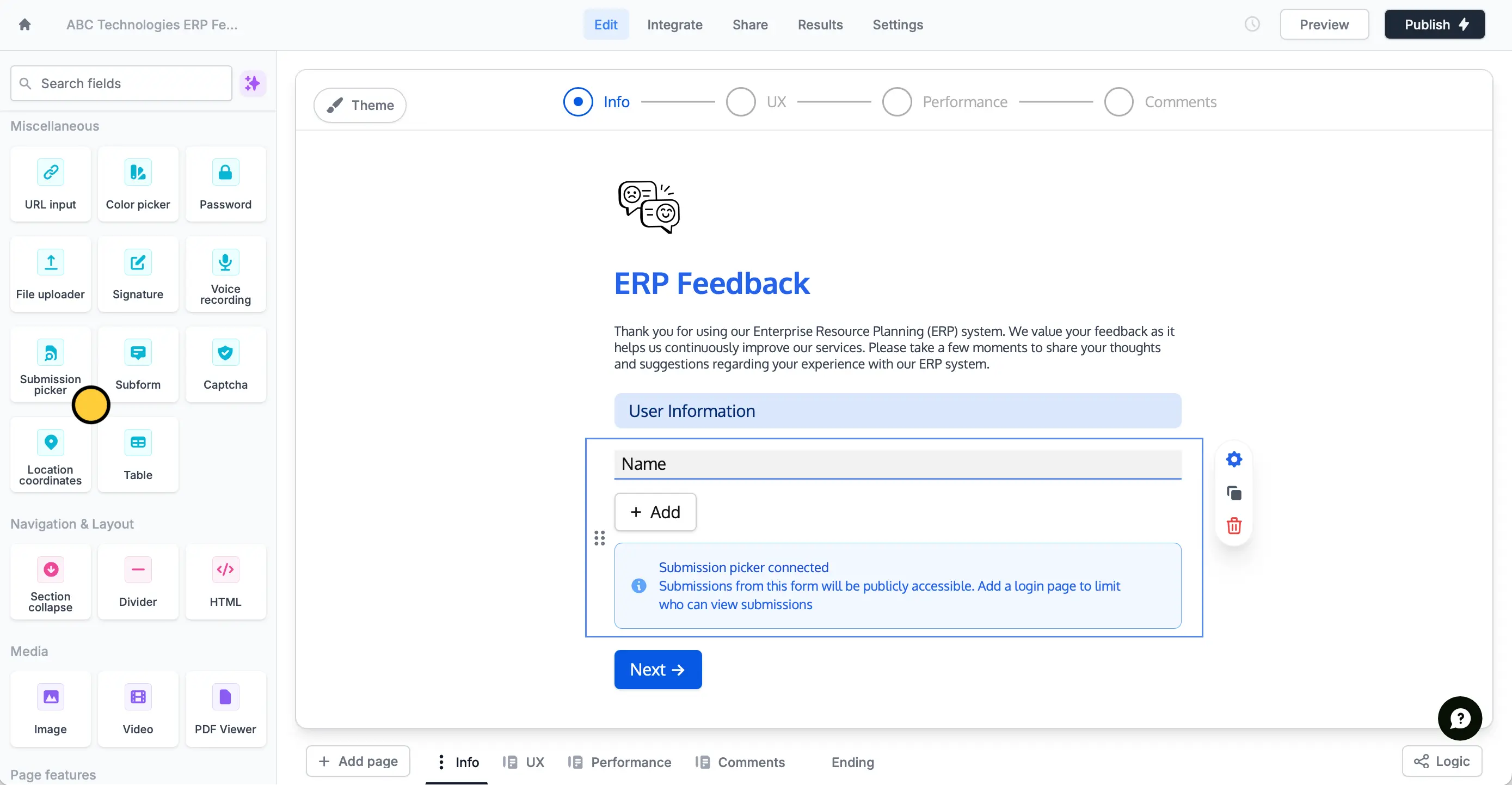 Screenshot of the Form designer tab of a form