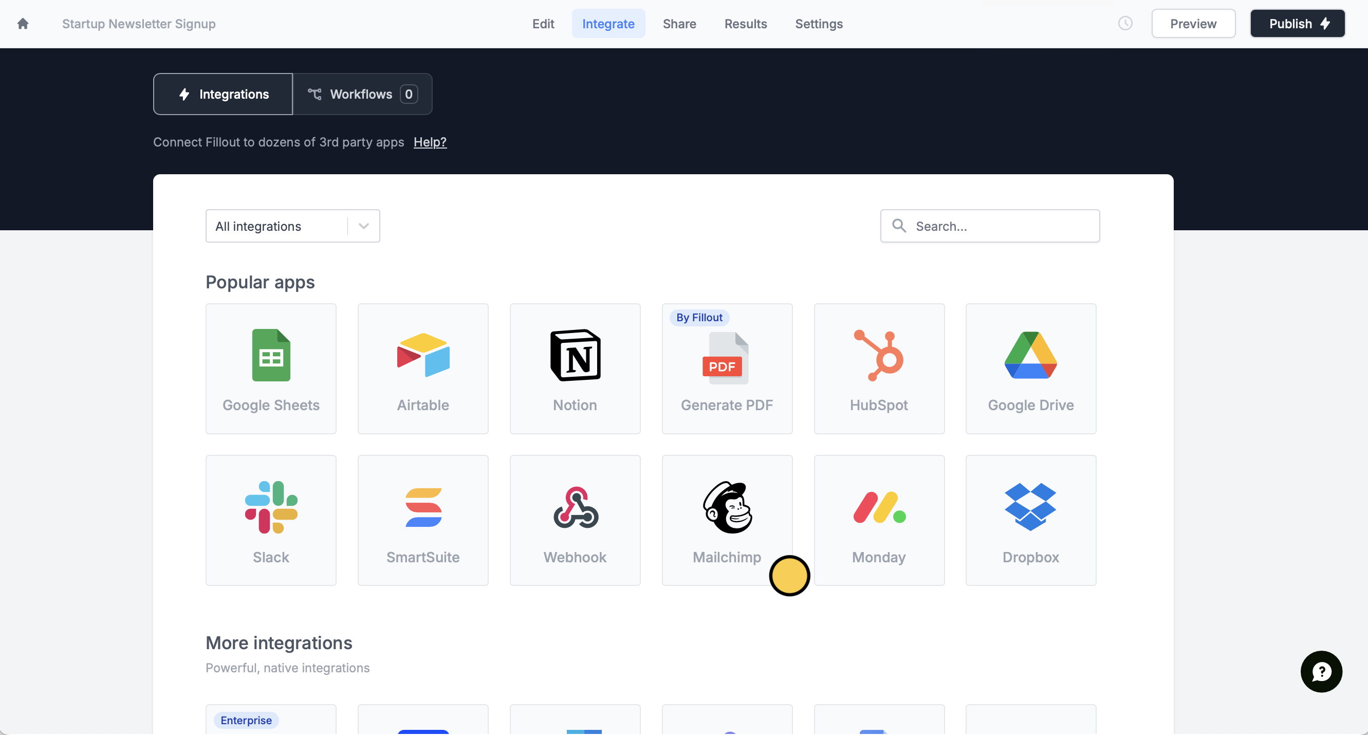Screenshot of the Fillout form creation page