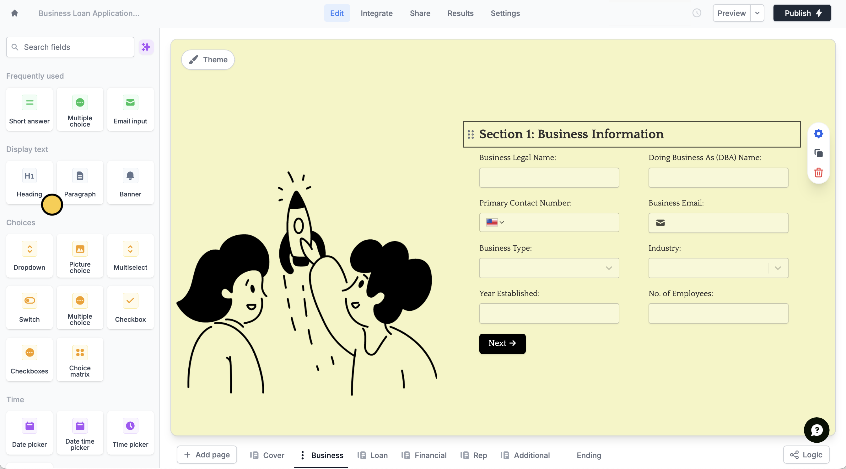 Screenshot of the Form designer tab of a form
