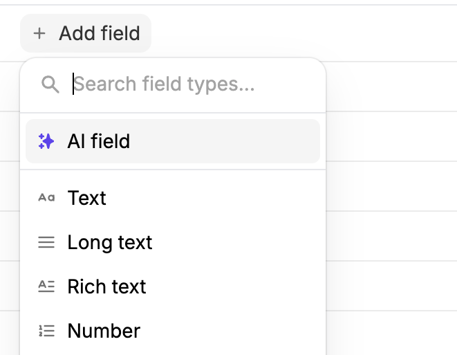 Add field dropdown showing AI field as the first option