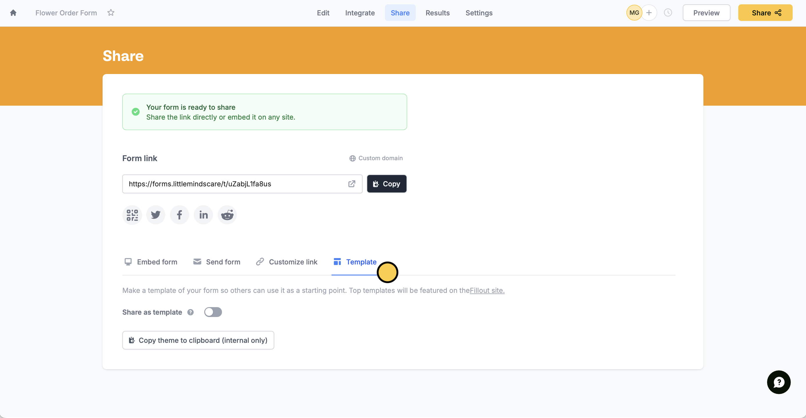 Screenshot of the Share tab of a form