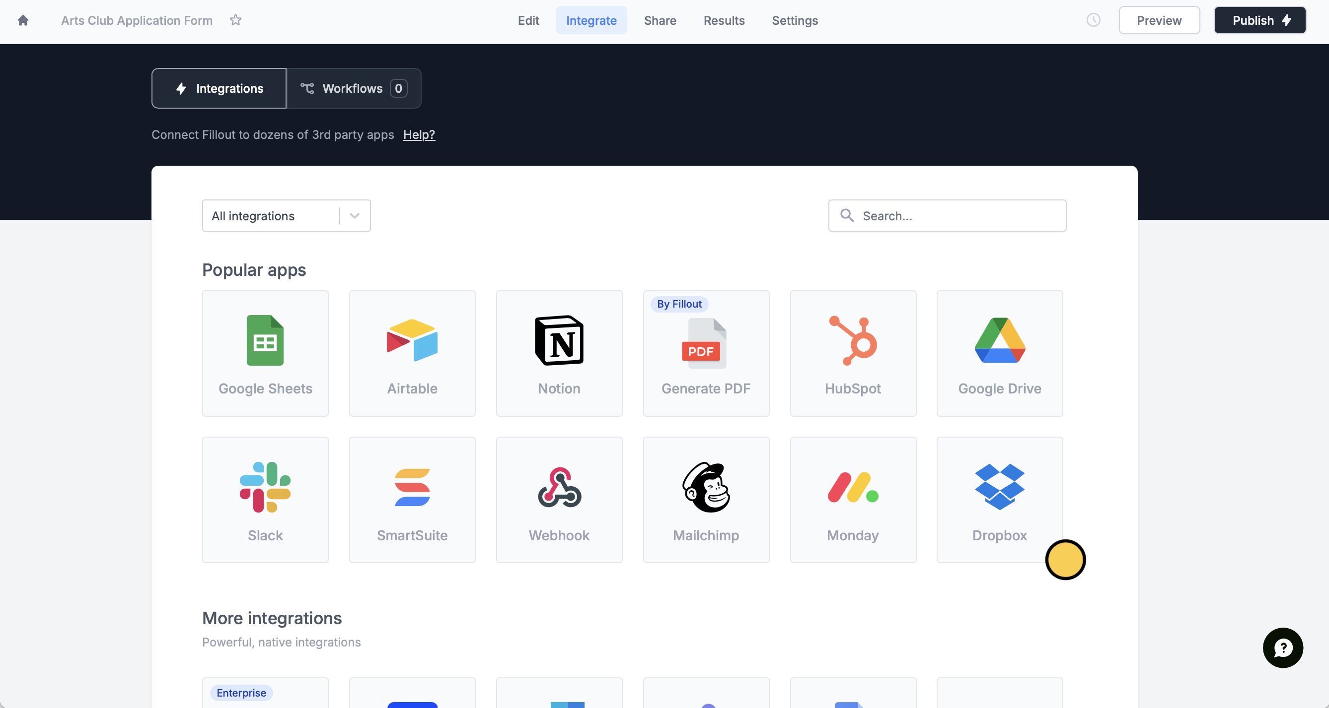 Screenshot of the Fillout form creation page