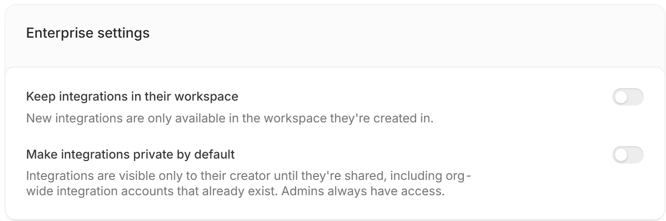 Enterprise settings with Keep integrations in their workspace and Make integrations private by default