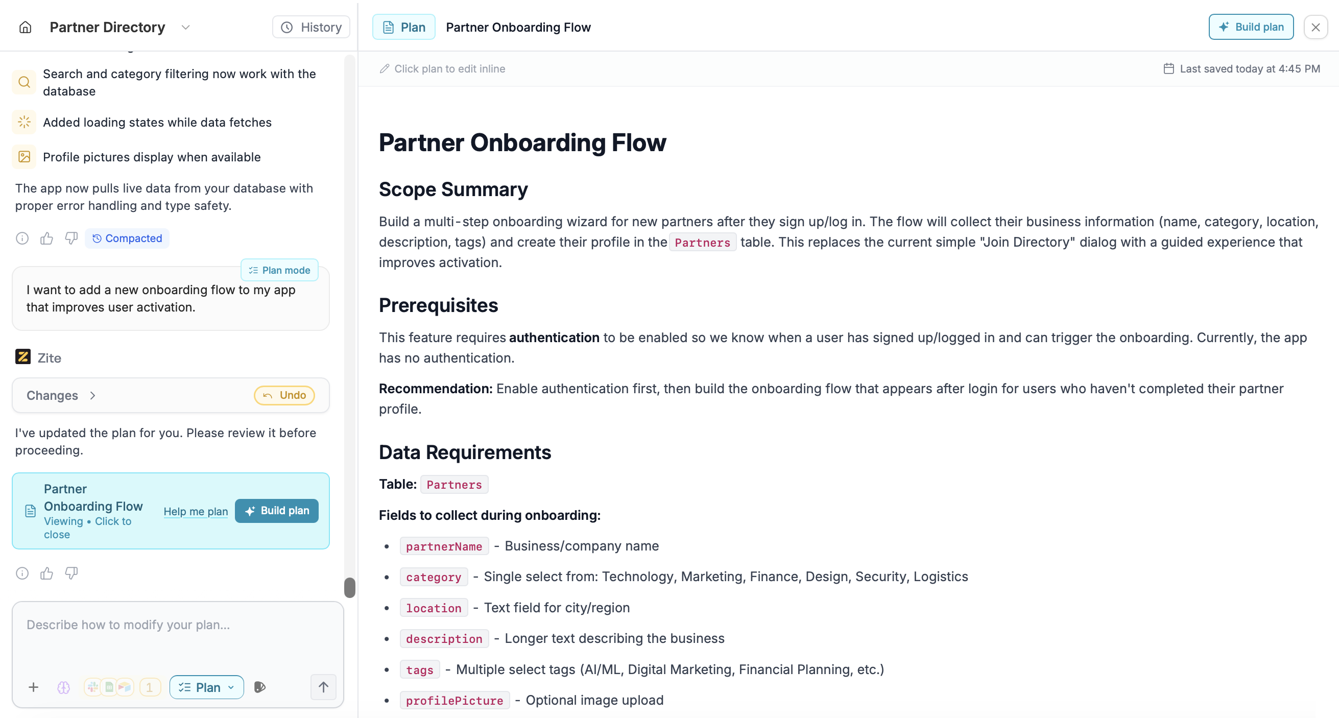 Plan mode showing a plan document with scope and details