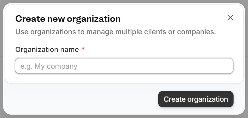 Create new organization dialog with the Organization name field