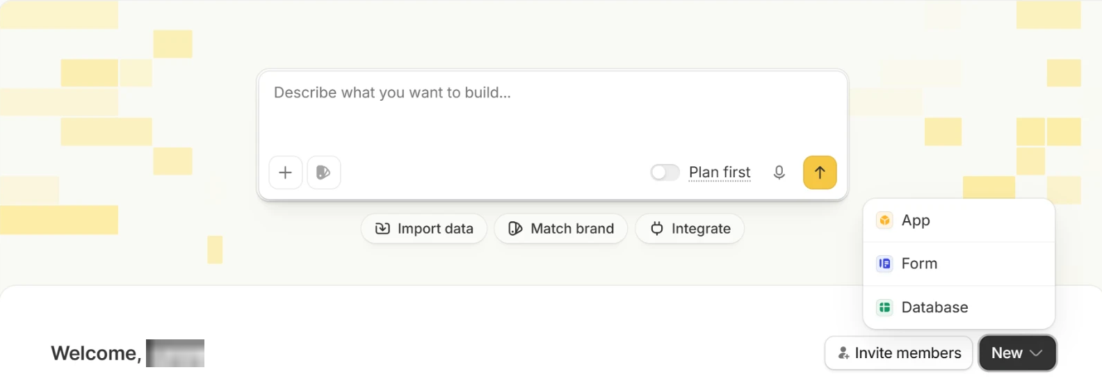 Home page with the New menu open, showing App, Form, and Database