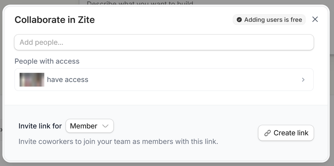 Collaborate in Zite popup with Add people, People with access, and Invite link for