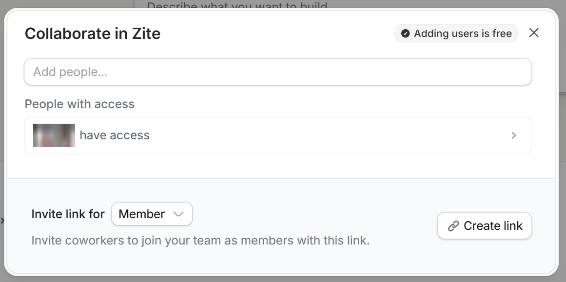 Collaborate in Zite popup with Add people, People with access, and Invite link for Collaborate in Zite popup with Add people, People with access, and Invite link for