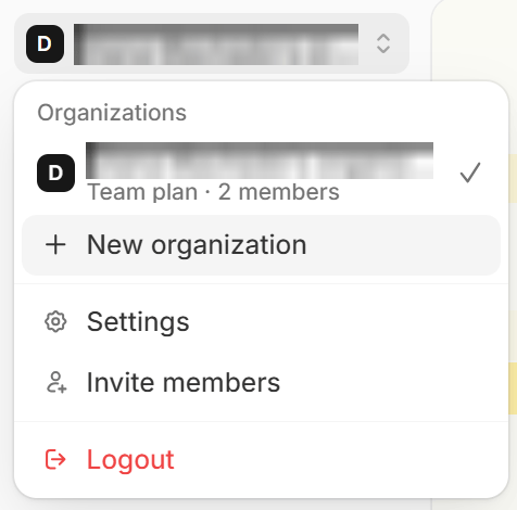 Organization menu with New organization highlighted Organization menu with New organization highlighted