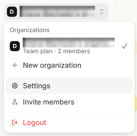 Organization menu with Settings highlighted