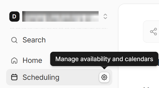Settings icon next to Scheduling in the sidebar, with the Manage availability and calendars tooltip
