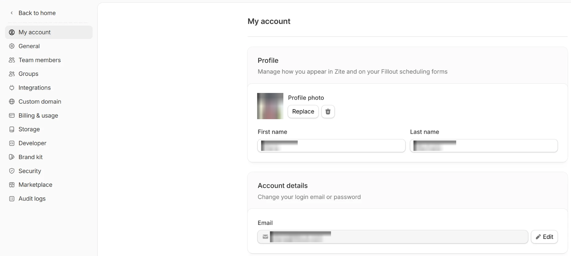 My account page with the Edit button next to Email