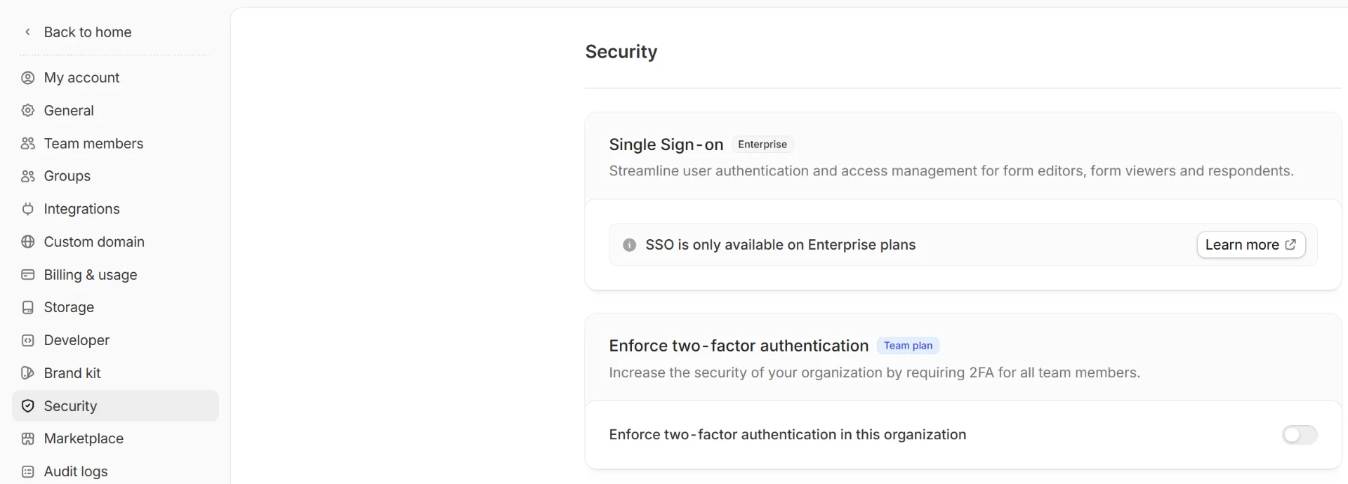 Security settings with Enforce two-factor authentication