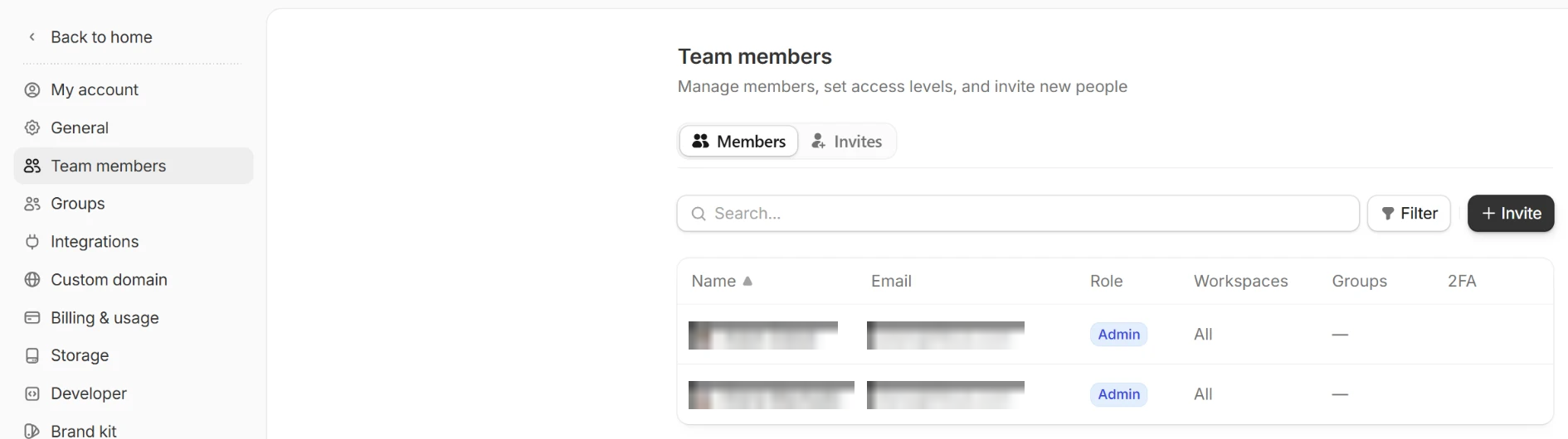 Team members list in Settings