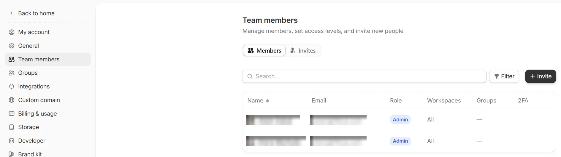 Team members list in Settings Team members list in Settings