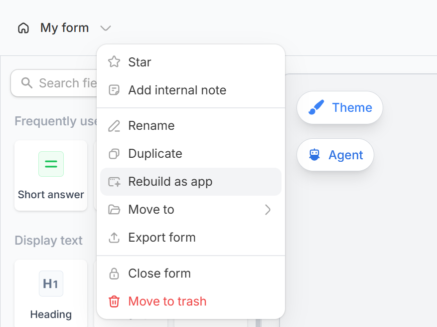 Form name menu in the editor with Rebuild as app