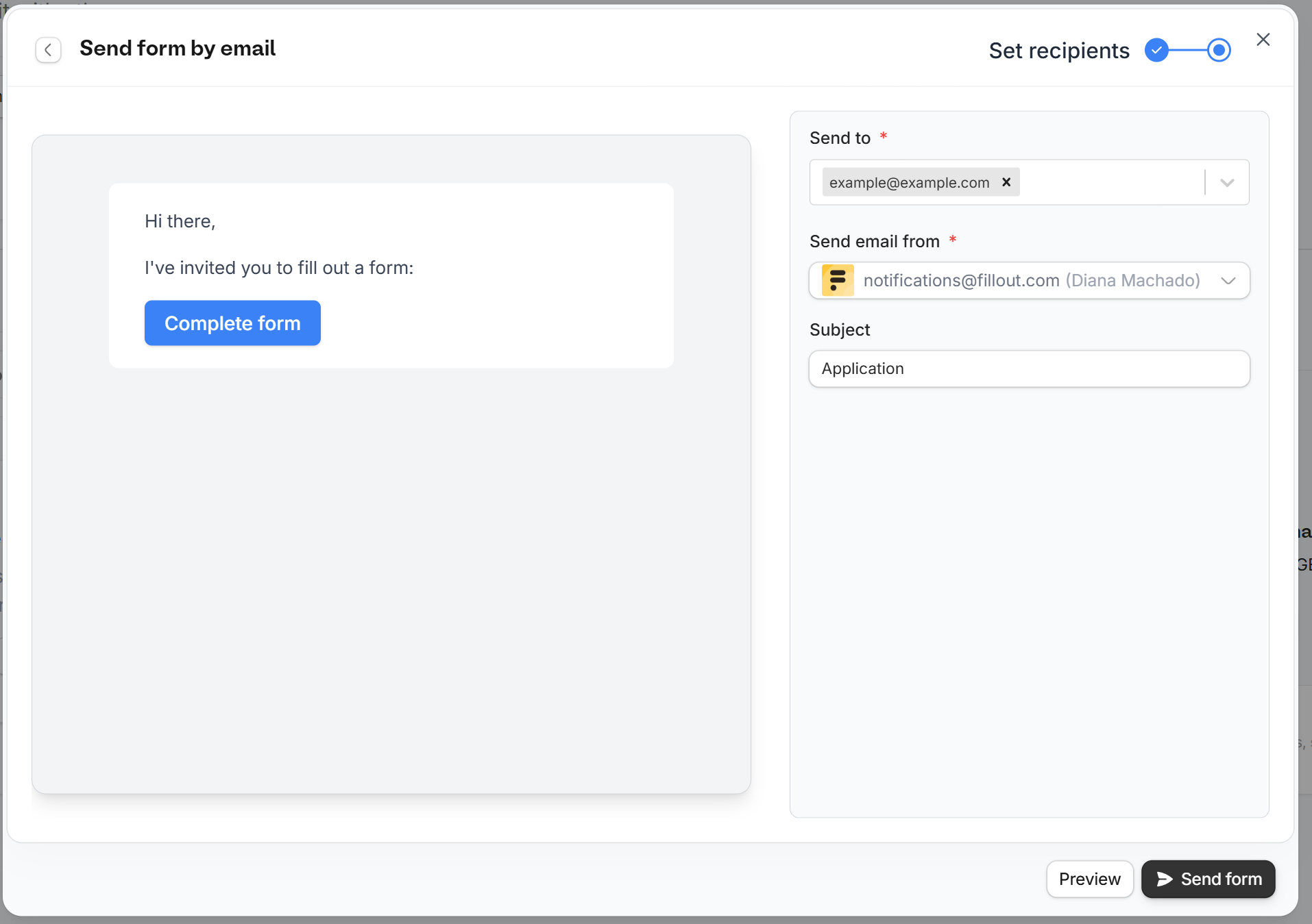 Send form by email popup with Send to, Send email from, and Subject