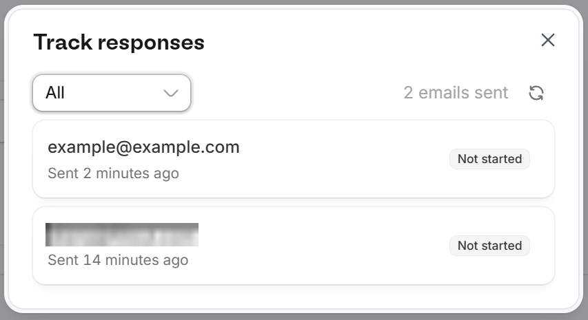 Track responses popup listing two recipients marked Not started