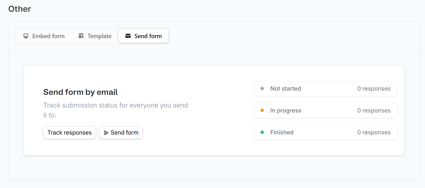 Send form tab on the Share page with the Track responses and Send form buttons Send form tab on the Share page with the Track responses and Send form buttons