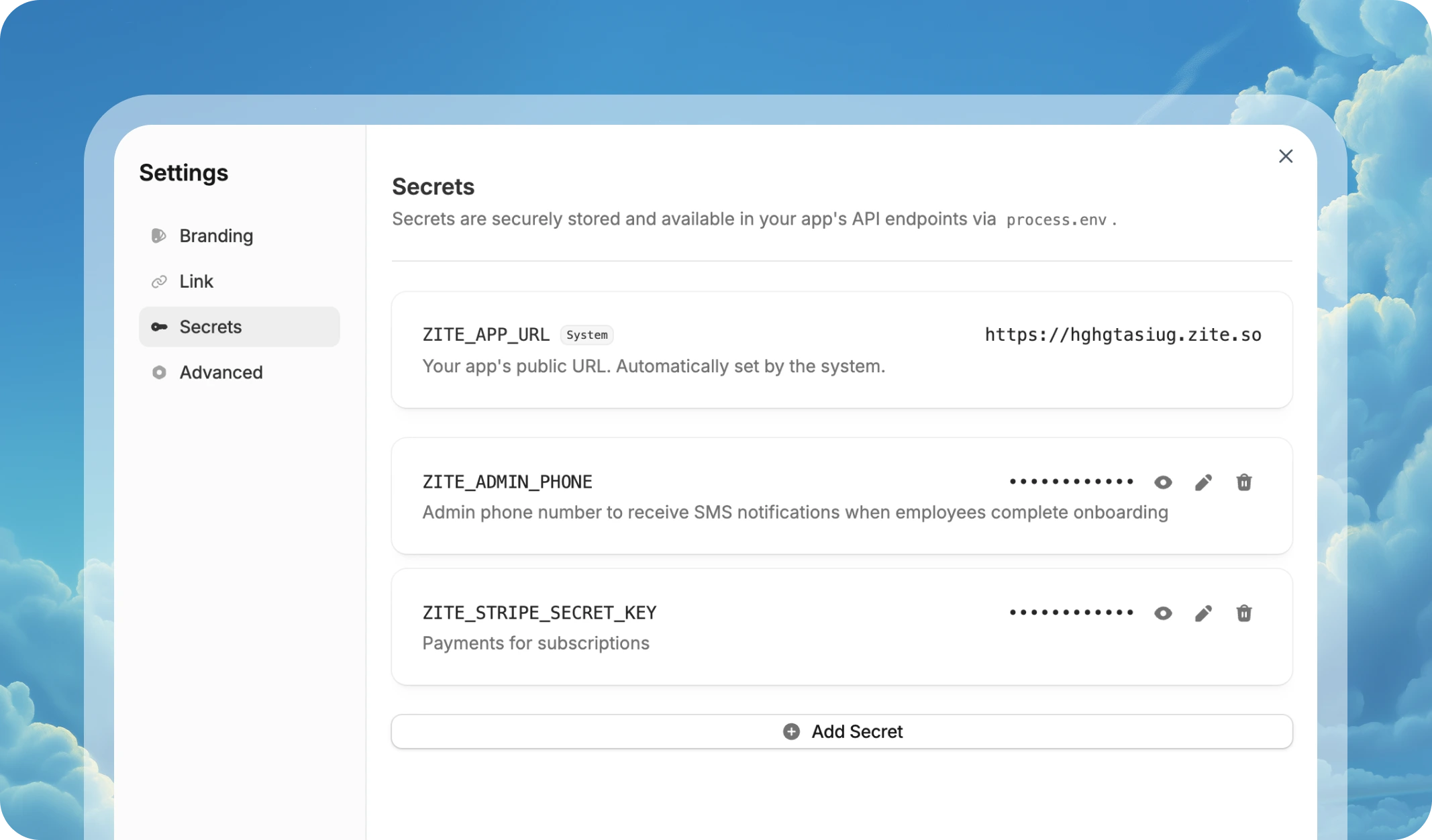 Secrets settings in Zite