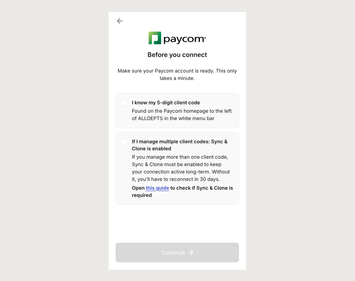 Paycom pre-auth screen