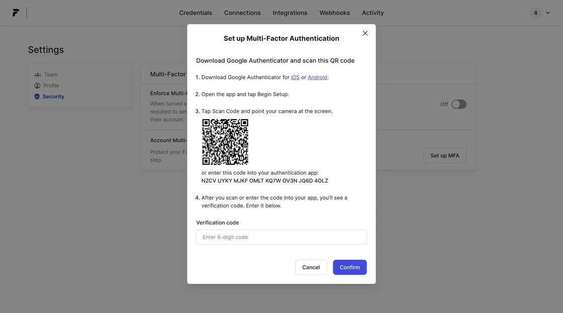 MFA setup in the Finch Dashboard