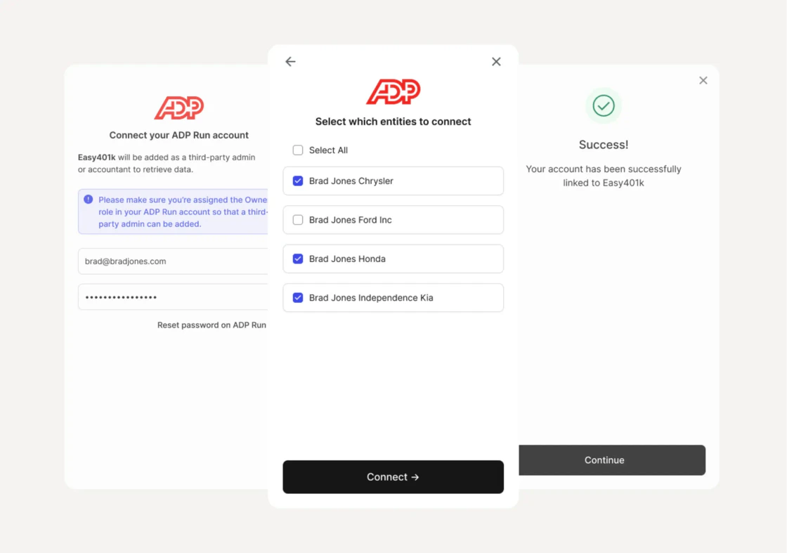 ADP Run multi-company account selection in Finch Connect