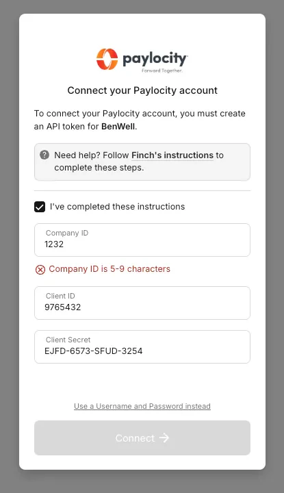 Paylocity field validation in Finch Connect