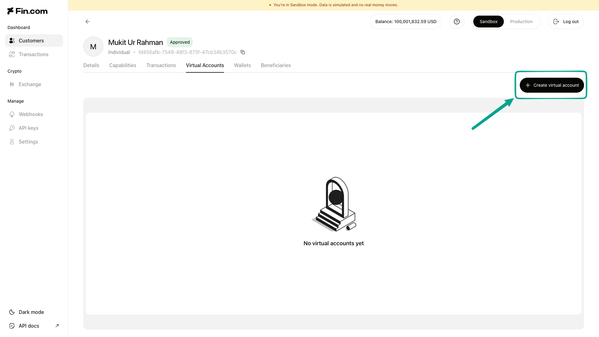 The Create virtual account button on the Virtual Accounts tab