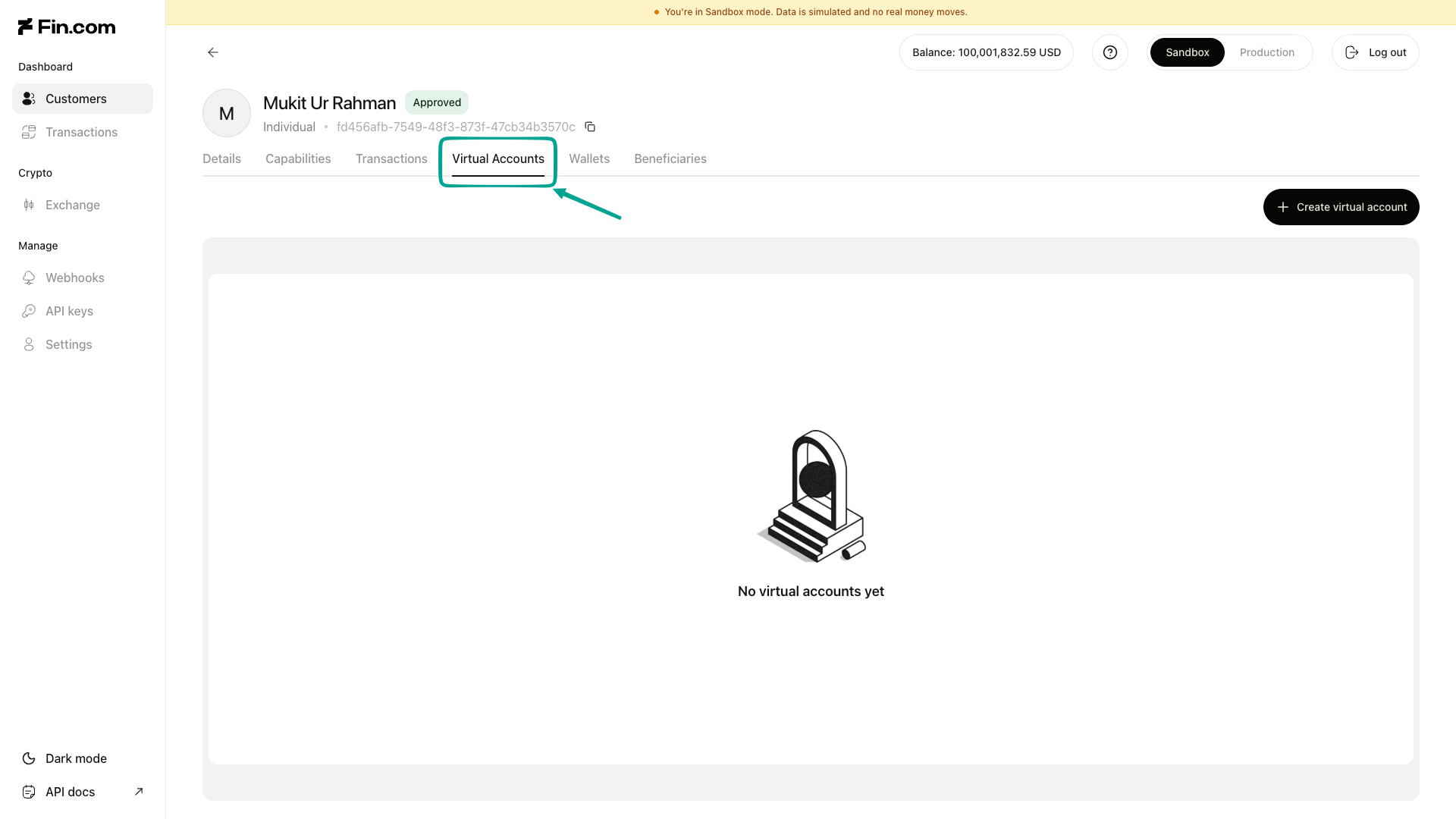 Customer details screen with the Virtual Accounts tab selected
