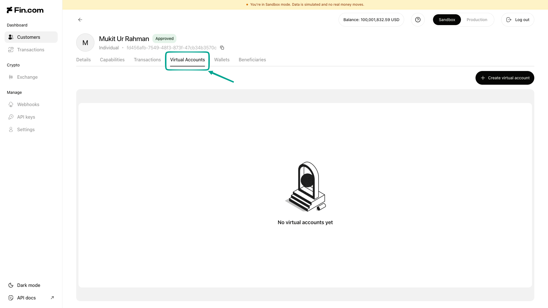 Customer details screen with the Virtual Accounts tab selected