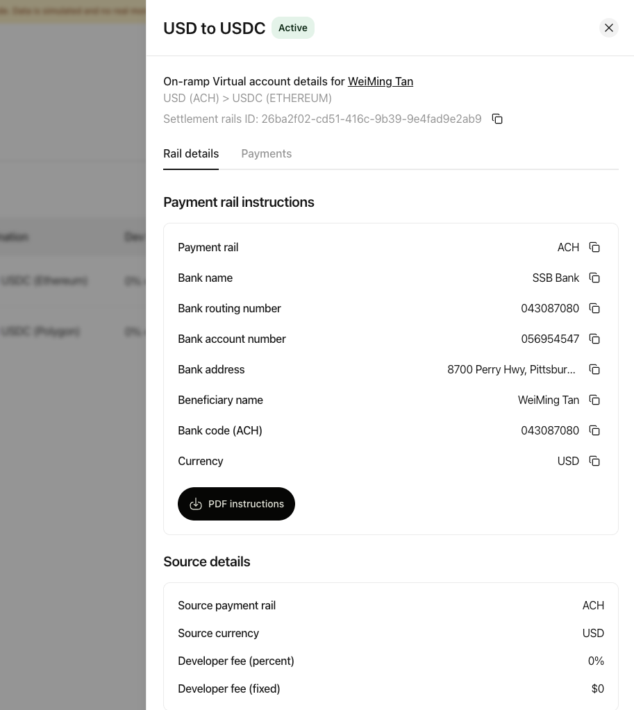 Virtual account panel showing the payment rail instructions, a copy button on each field, and a PDF instructions download