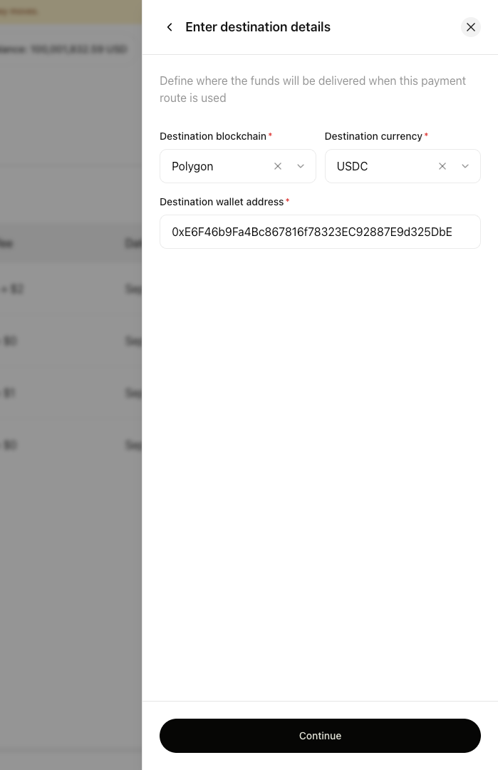 Form fields for destination blockchain, currency, and wallet address