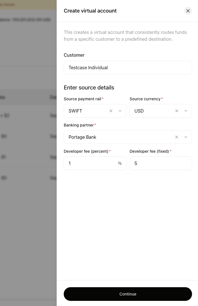 Form fields for source payment rail, currency, banking partner, and developer fees